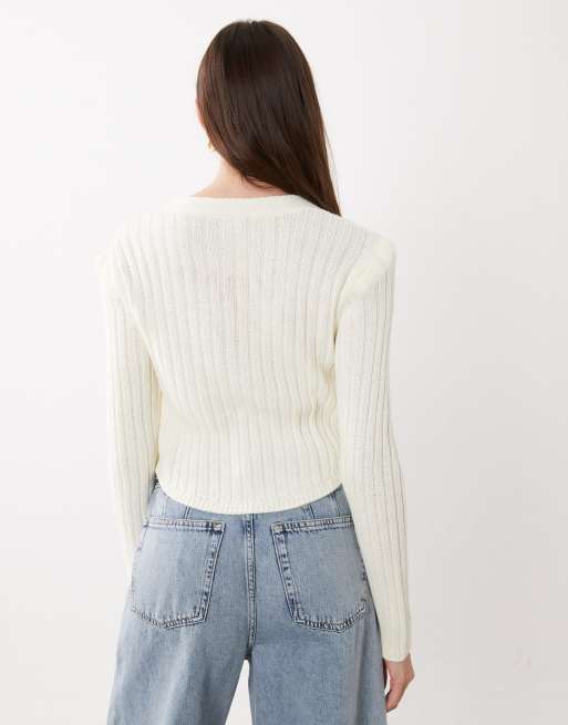 ASOS DESIGN knitted cinched cardigan with gold buttons in ecru, 4 of 4