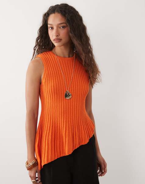 ASOS DESIGN knitted cinched pleated asymmetric top in orange - view 1
