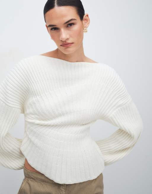 ASOS DESIGN knitted cinched pleated jumper in ecru, 4 of 11