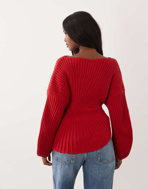 ASOS DESIGN knitted cinched pleated jumper in red, 4 of 4