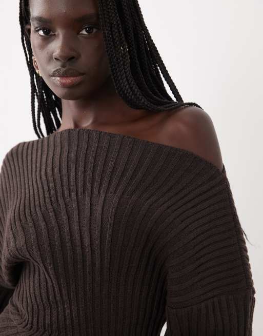 ASOS DESIGN knitted cinched pleated mini dress in chocolate brown, 3 of 4