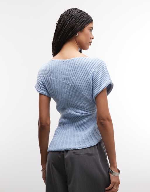 ASOS DESIGN knitted cinched pleated top in dusty blue, 4 of 4