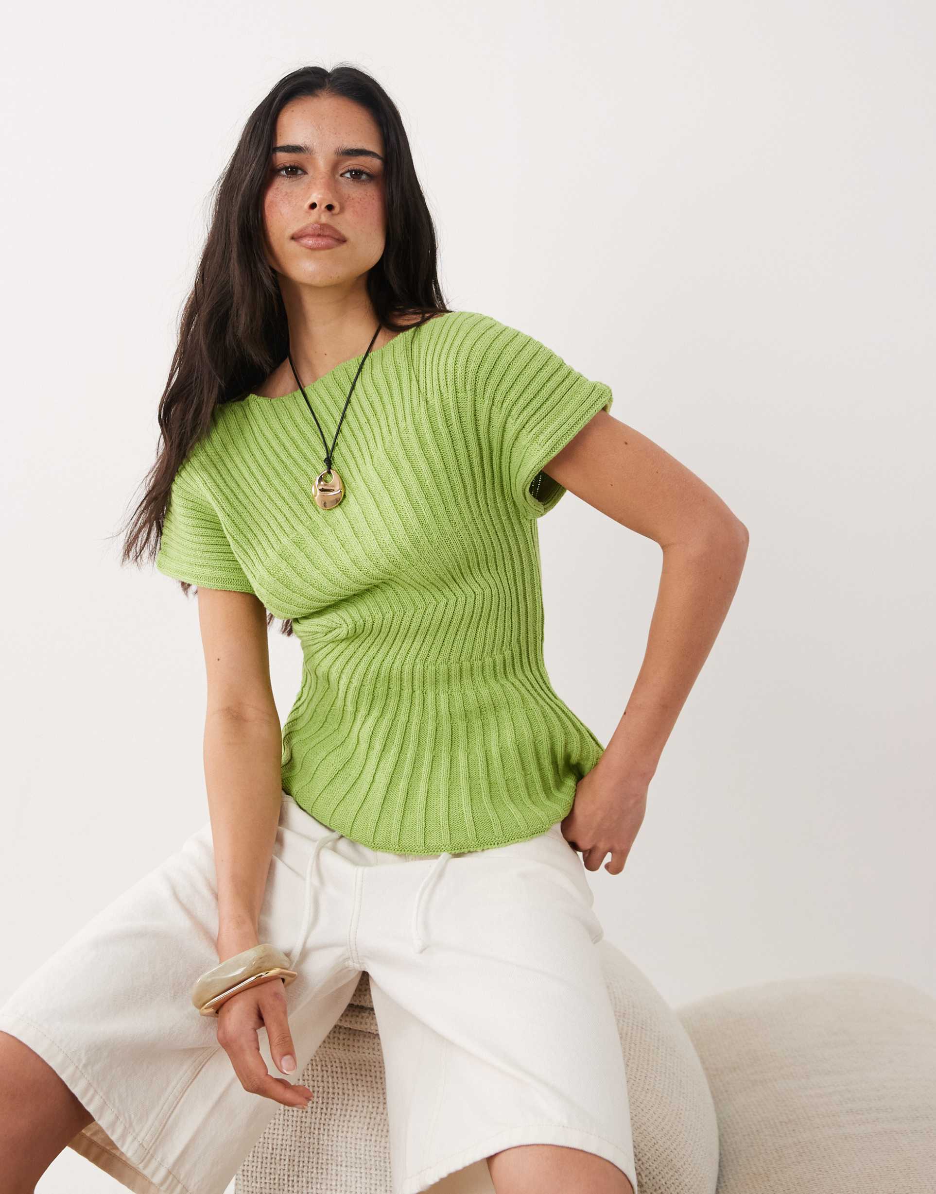 asos design knitted cinched pleated top in green