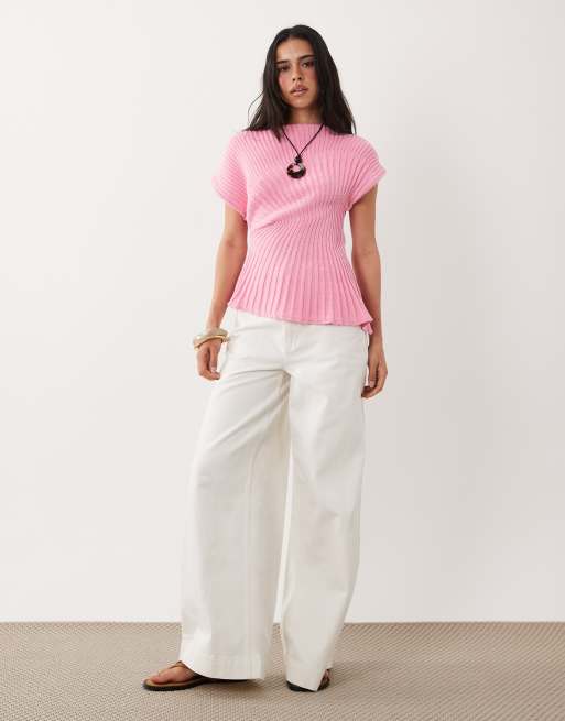 ASOS DESIGN knitted cinched pleated top in pink, 2 of 4