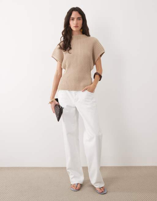 ASOS DESIGN knitted cinched pleated top in stone, 2 of 4