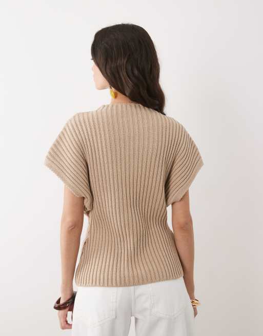ASOS DESIGN knitted cinched pleated top in stone, 3 of 4