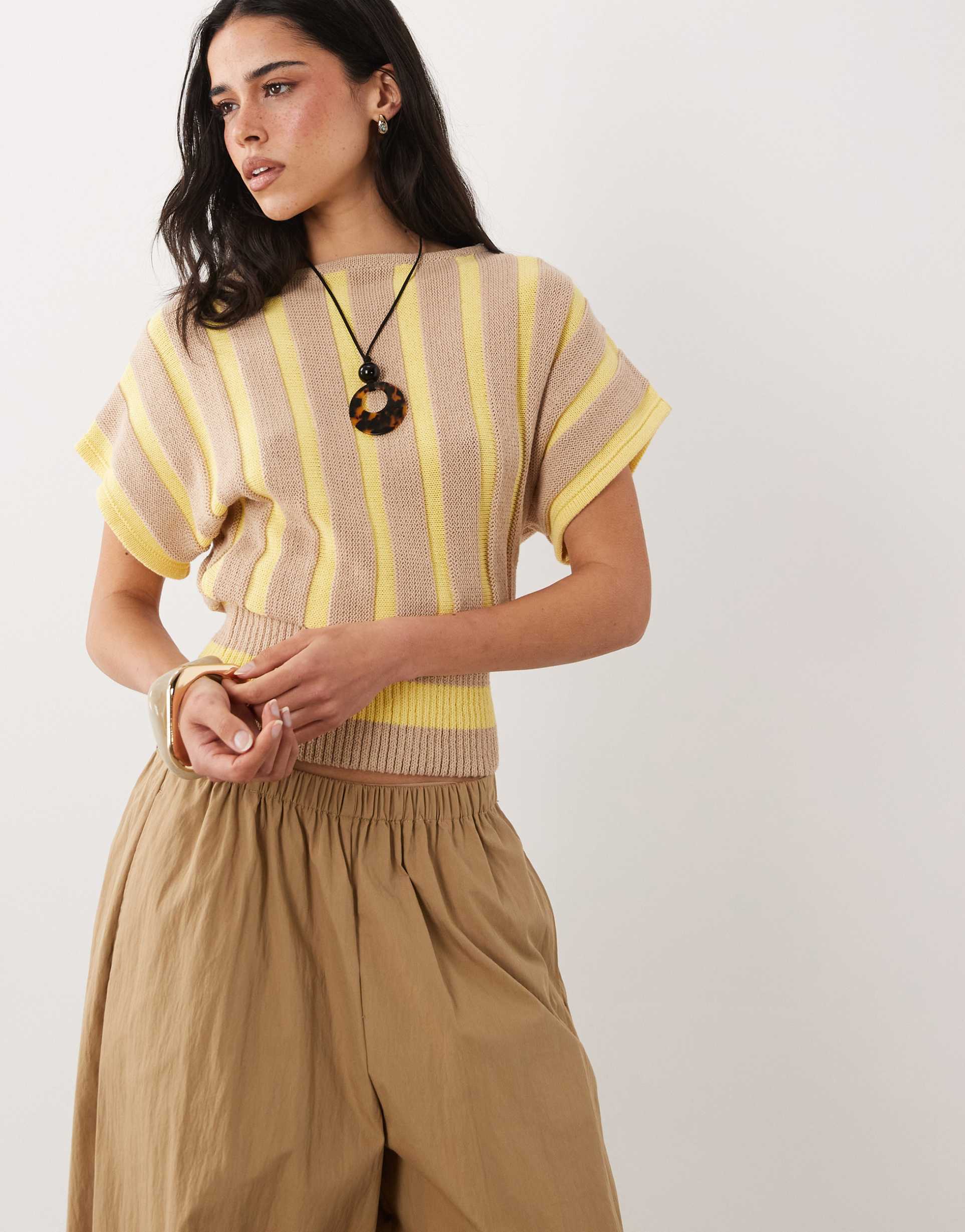 asos design knitted cinched top in brown stripe