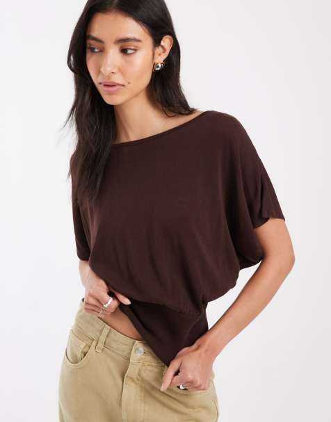 ASOS DESIGN knitted cinched waist top in chocolate brown - view 1