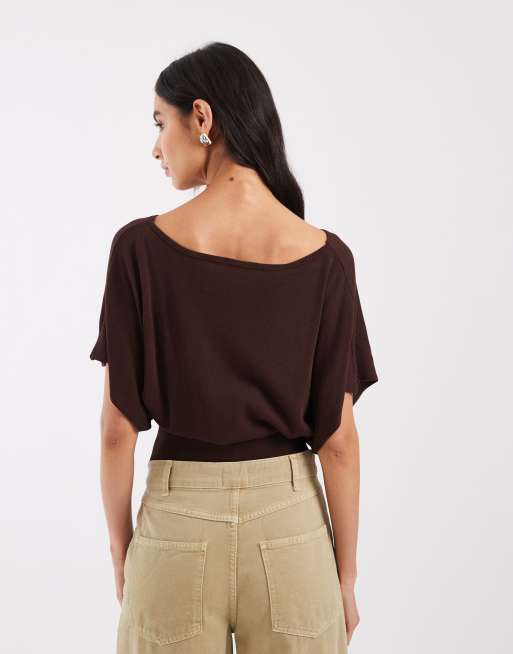 ASOS DESIGN knitted cinched waist top in chocolate brown, 3 of 4