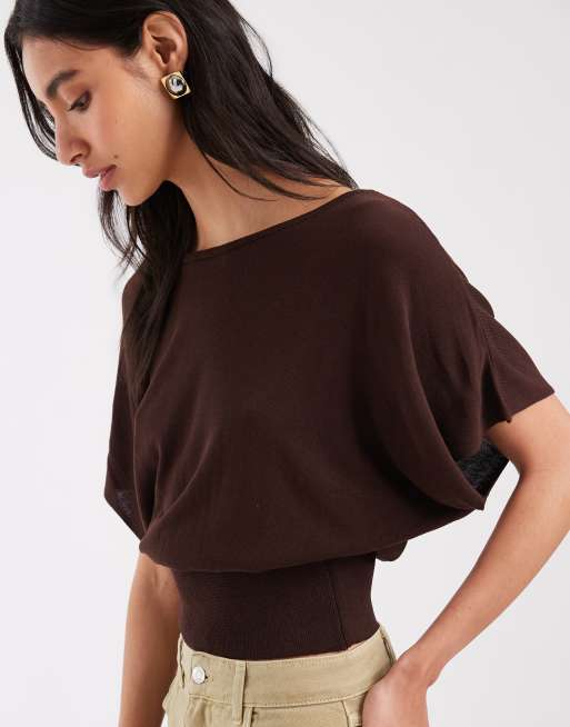 ASOS DESIGN knitted cinched waist top in chocolate brown, 4 of 4