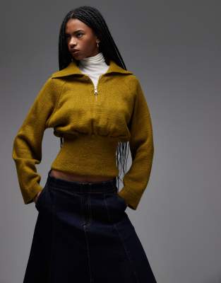 Asos Design Knitted Cinched Waist Zip Up Sweater In Green