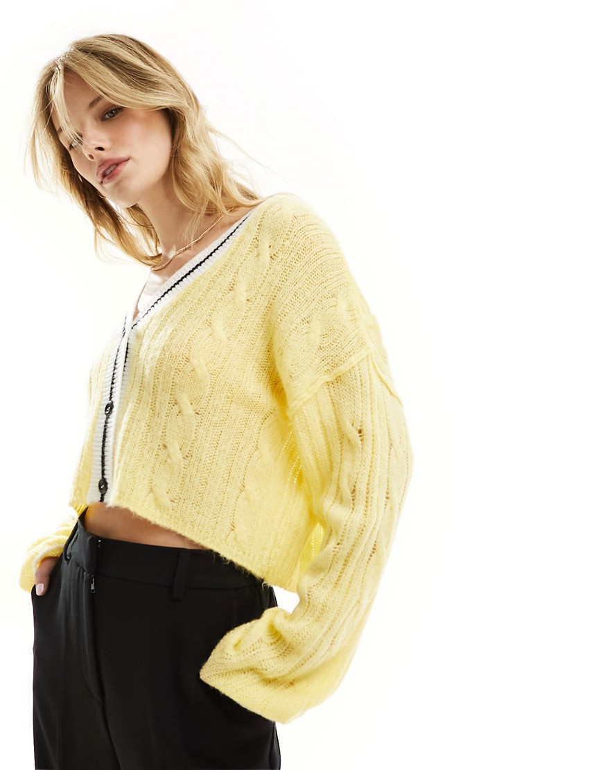 ASOS DESIGN knitted clean cable cardigan in buttermilk-Yellow