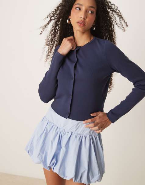 ASOS DESIGN knitted clean compact button through crew neck cardigan in navy - view 1
