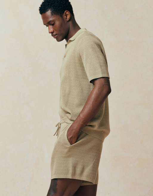 ASOS DESIGN knitted co-ord airtex shorts in stone - STONE, 2 of 5