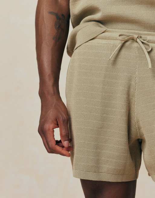 ASOS DESIGN knitted co-ord airtex shorts in stone - STONE, 3 of 5