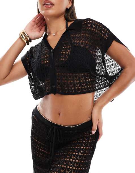 ASOS DESIGN knitted co-ord beach shirt in black - view 1