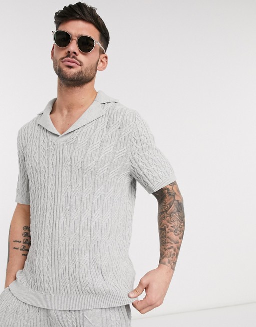 ASOS DESIGN knitted co-ord cable knit polo t-shirt in grey