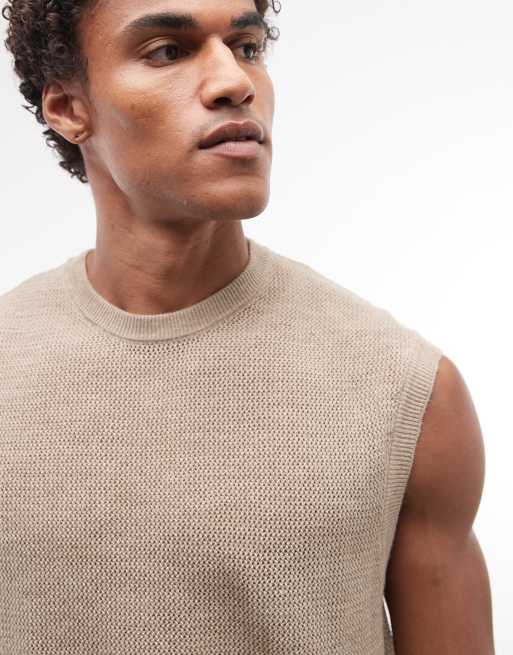  ASOS DESIGN knitted co-ord mesh vest in stone, 3 of 5