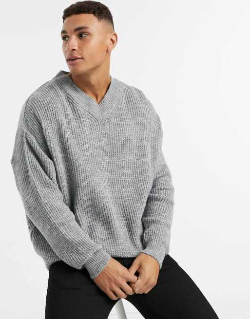 ASOS DESIGN knitted co ord ribbed boxy v neck jumper in grey