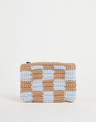 ASOS DESIGN knitted coin pouch in beige and blue check design