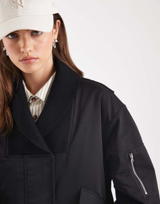 ASOS DESIGN knitted collar bomber jacket in black, 3 of 4
