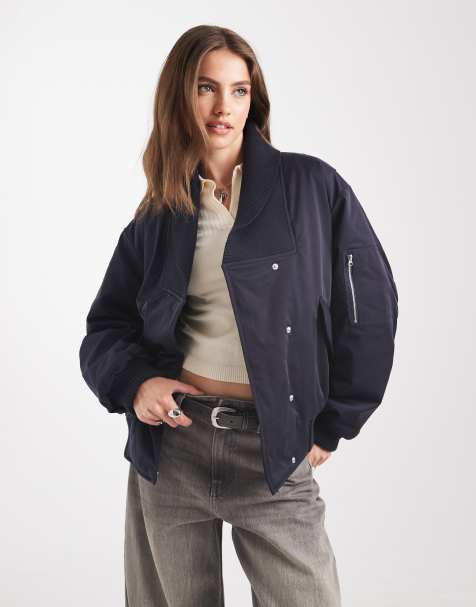 ASOS DESIGN knitted collar bomber jacket in navy - view 1