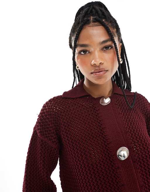 ASOS DESIGN knitted collar cardigan in chunky stitch in burgundy
