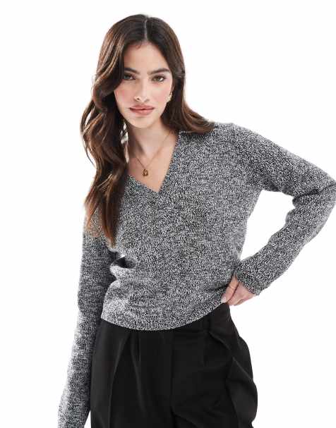 ASOS DESIGN knitted collar jumper in twist yarn in mono - view 1