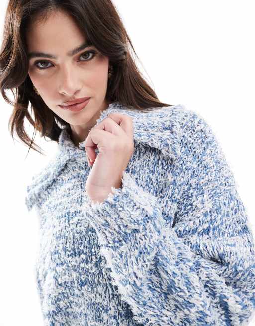 ASOS DESIGN knitted collar jumper with twist neppy yarn in blue, 2 of 4
