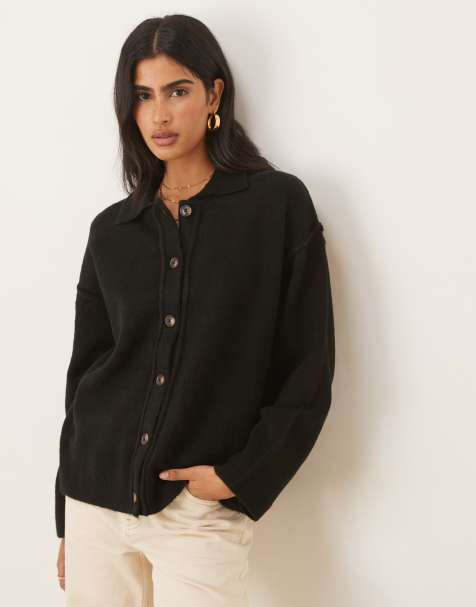 ASOS DESIGN knitted collar shirt cardigan with seam detail in black - view 1