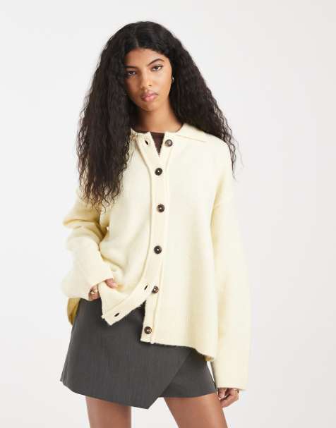 ASOS DESIGN knitted collar shirt cardigan with seam detail in buttermilk - view 1