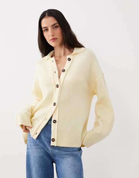 ASOS DESIGN knitted collar shirt cardigan with seam detail in buttermilk
