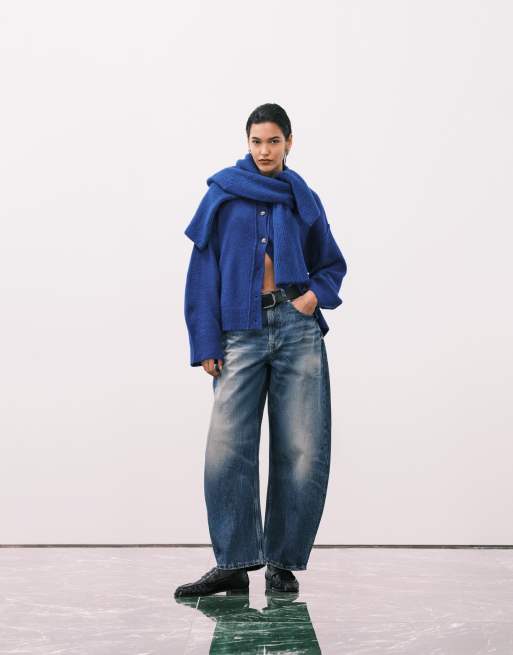 ASOS DESIGN knitted collar shirt cardigan with seam detail in cobalt, 2 of 4