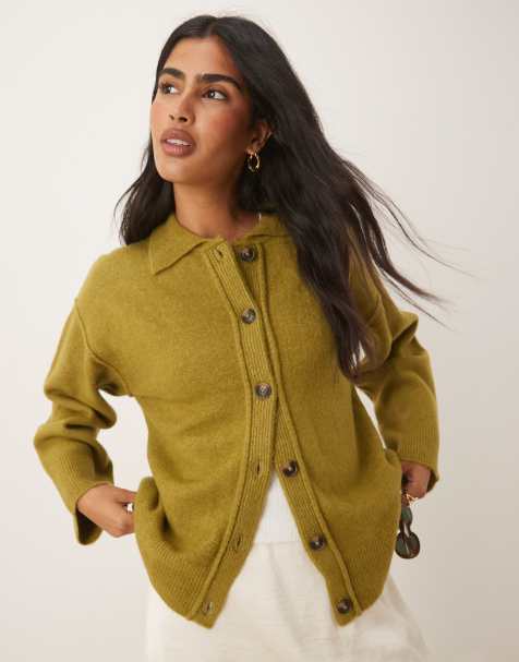 ASOS DESIGN knitted collar shirt cardigan with seam detail in olive - view 1