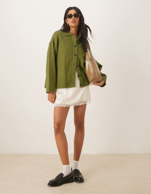 ASOS DESIGN knitted collar shirt cardigan with seam detail in olive, 2 of 4