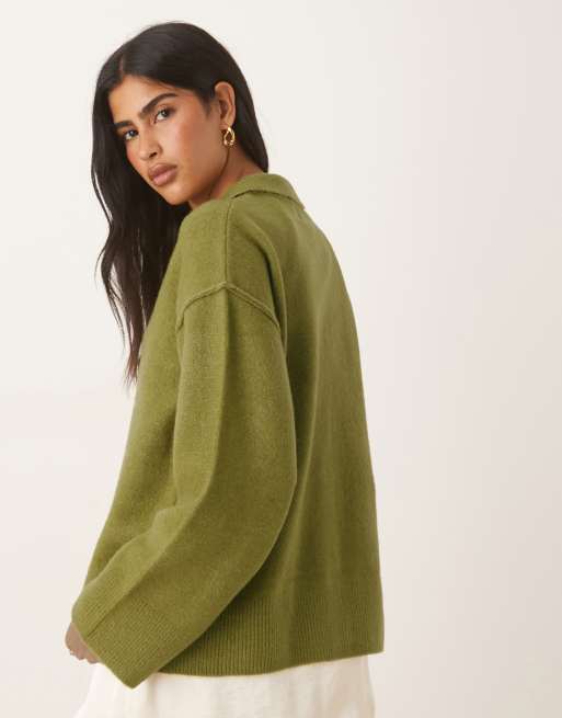 ASOS DESIGN knitted collar shirt cardigan with seam detail in olive, 4 of 4