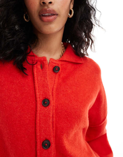 ASOS DESIGN knitted collar shirt cardigan with seam detail in red ASOS