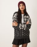 [ASOS DESIGN] ASOS DESIGN knitted collar zip through cardigan with fair isle pattern in charcoal and cream-Multi M Charcoal / cream