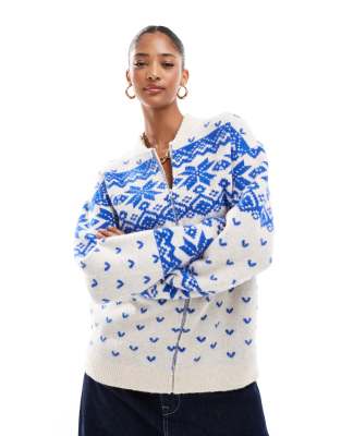 ASOS DESIGN knitted collar zip through cardigan with fairisle pattern in cream and blue-Multi