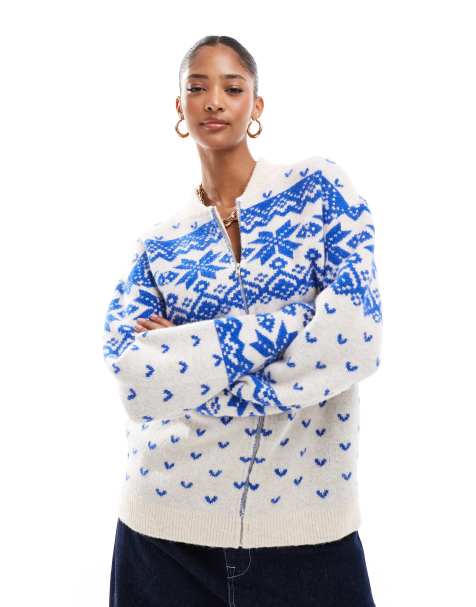 ASOS DESIGN knitted collar zip through cardigan with fairisle pattern in cream and blue - view 1