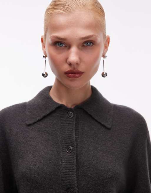 ASOS DESIGN knitted collared cardigan in charcoal, 3 of 4