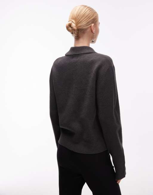 ASOS DESIGN knitted collared cardigan in charcoal, 4 of 4