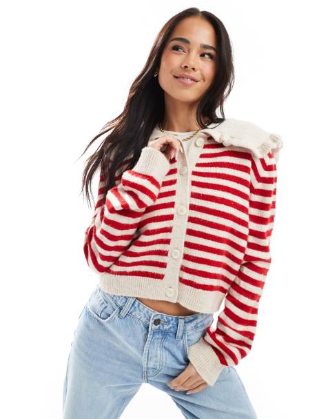 ASOS DESIGN knitted collared cardigan in red and ecru - view 1