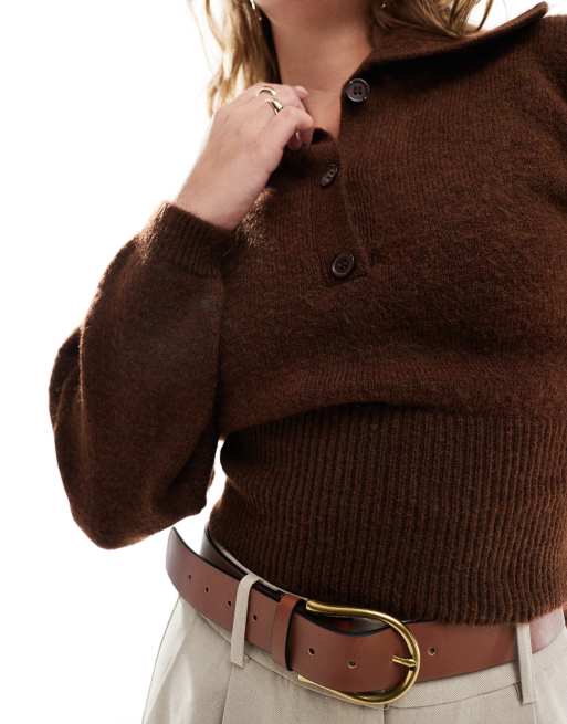ASOS DESIGN knitted collared jumper in chocolate brown, 3 of 4