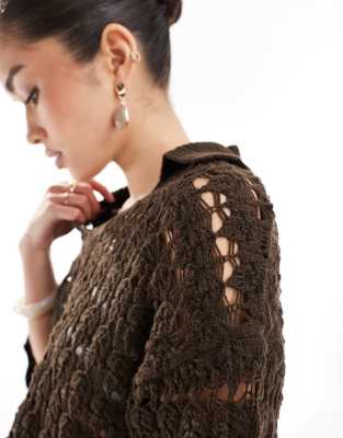 Asos Design Knitted Collared Pretty Stitch Shirt In Brown