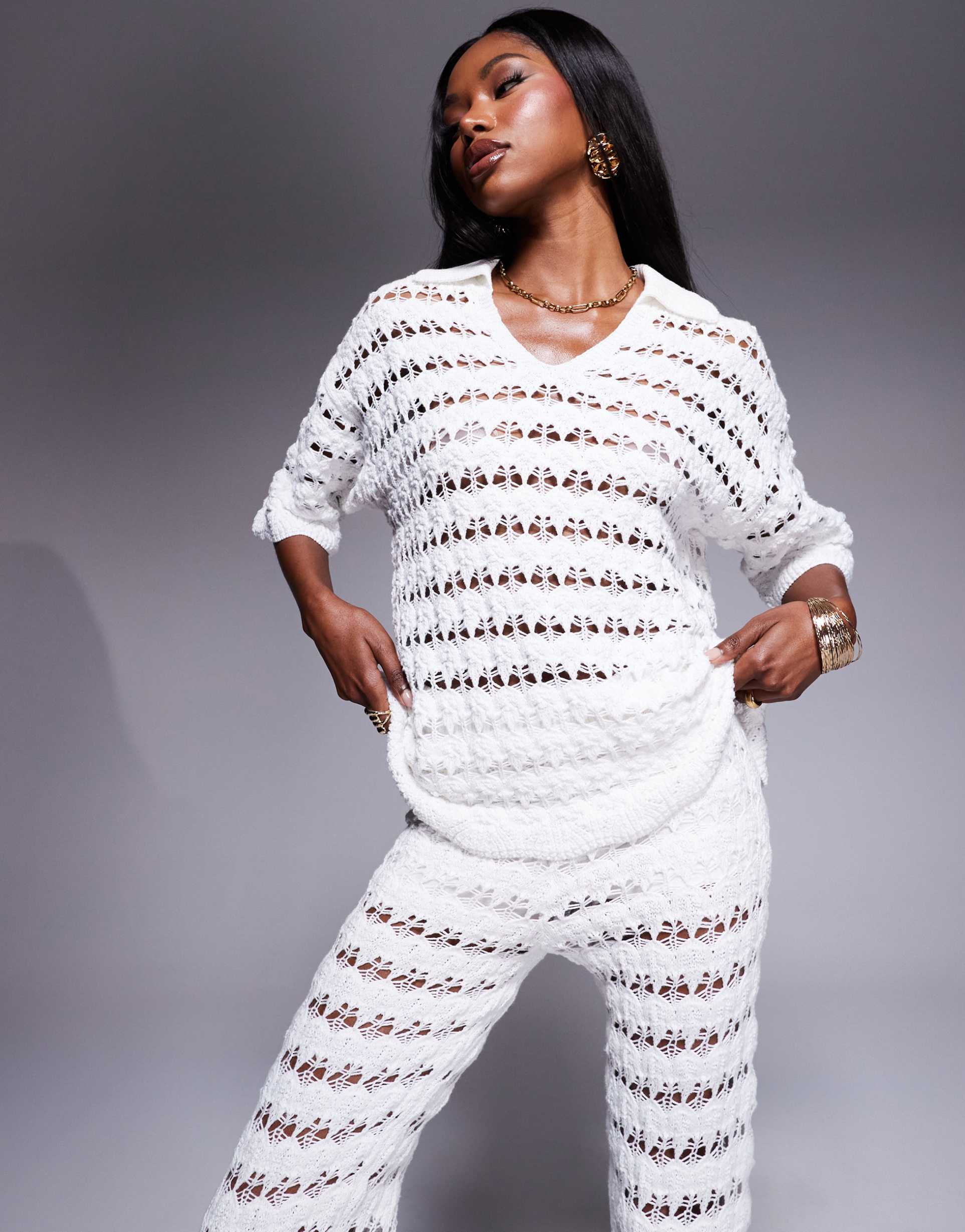 asos design knitted collared pretty stitch shirt in white - part of a set