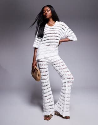 asos ASOS DESIGN knitted collared pretty stitch shirt & wide leg trouser co-ord in white