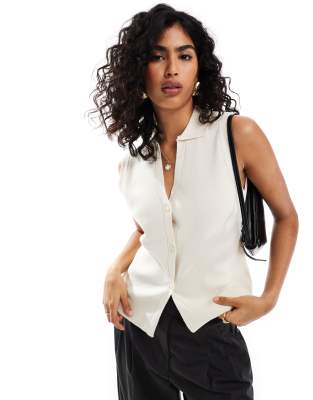 Asos Design Knitted Collared Vest In Ecru-white