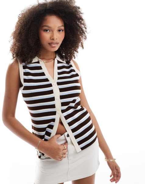 ASOS DESIGN knitted collared waistcoat in red and blue stripe - view 1