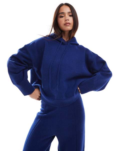 ASOS DESIGN knitted compact cropped hoodie co-ord in navy - view 1
